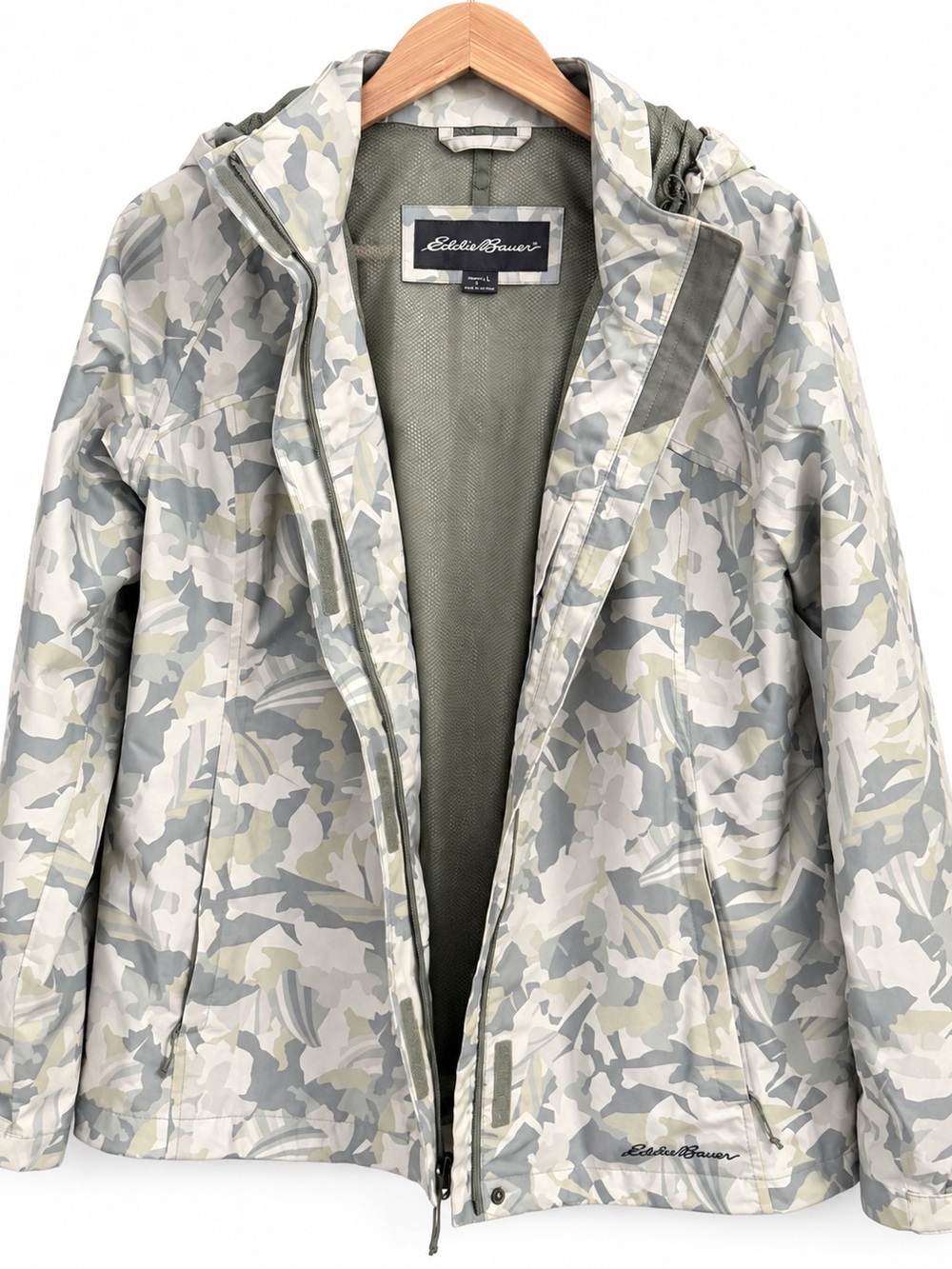 Eddie Bauer WeatherEdge Floral Camo Hooded Rain Jacket Women L